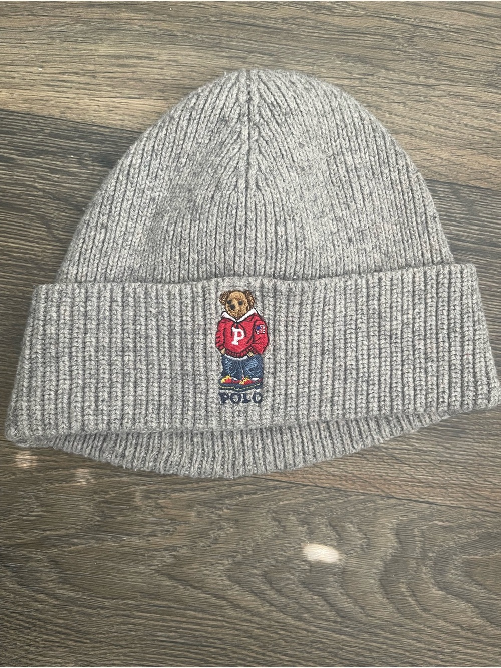 Ralph Lauren Gray Ribbed Knit Beanie with Navy Gold Logo Tag